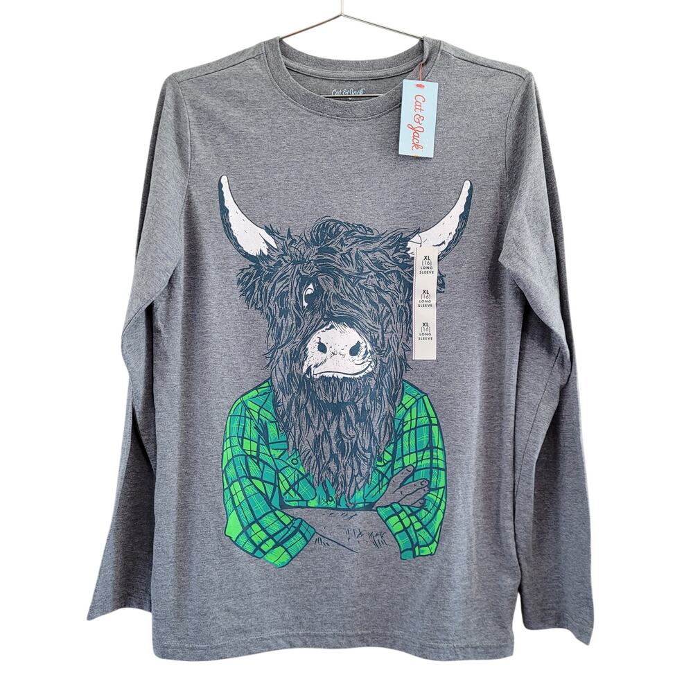 NEW Cat & Jack Highland Cow Long Sleeve Tee Youth Boy XL (16) Gray Western